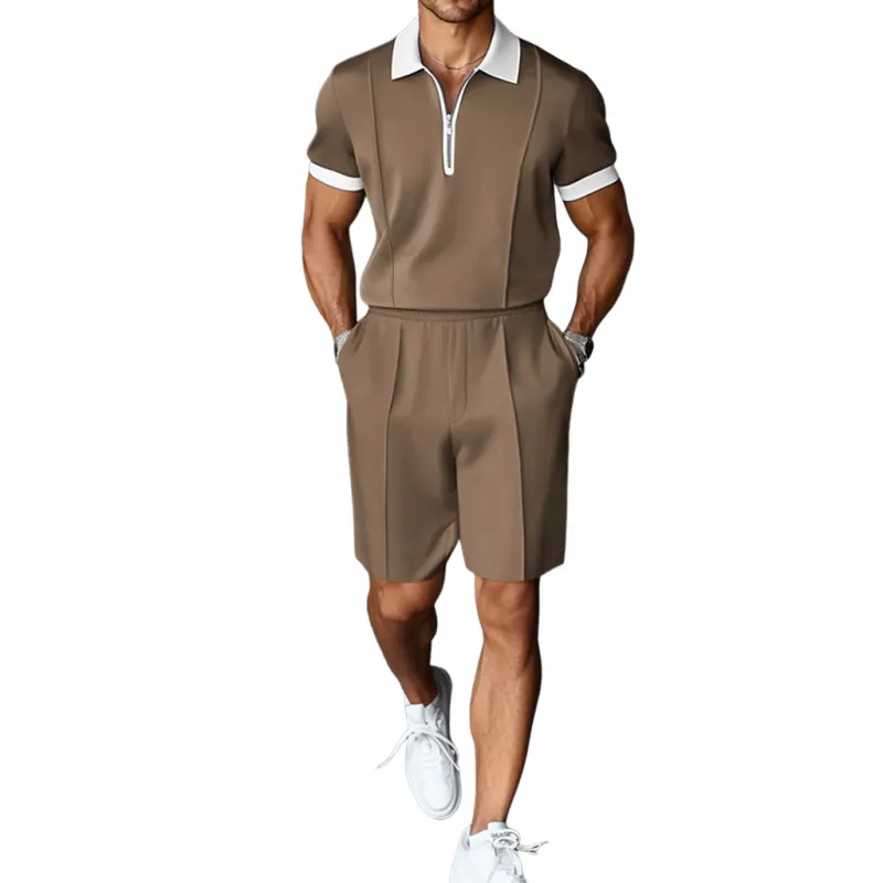Men's Casual Breathable Cotton Colorblock Zipper Lapel Short Sleeve Polo Shirt Elastic Waist Shorts Set MTA2620E8M sold by Manly product image thumbnail 2