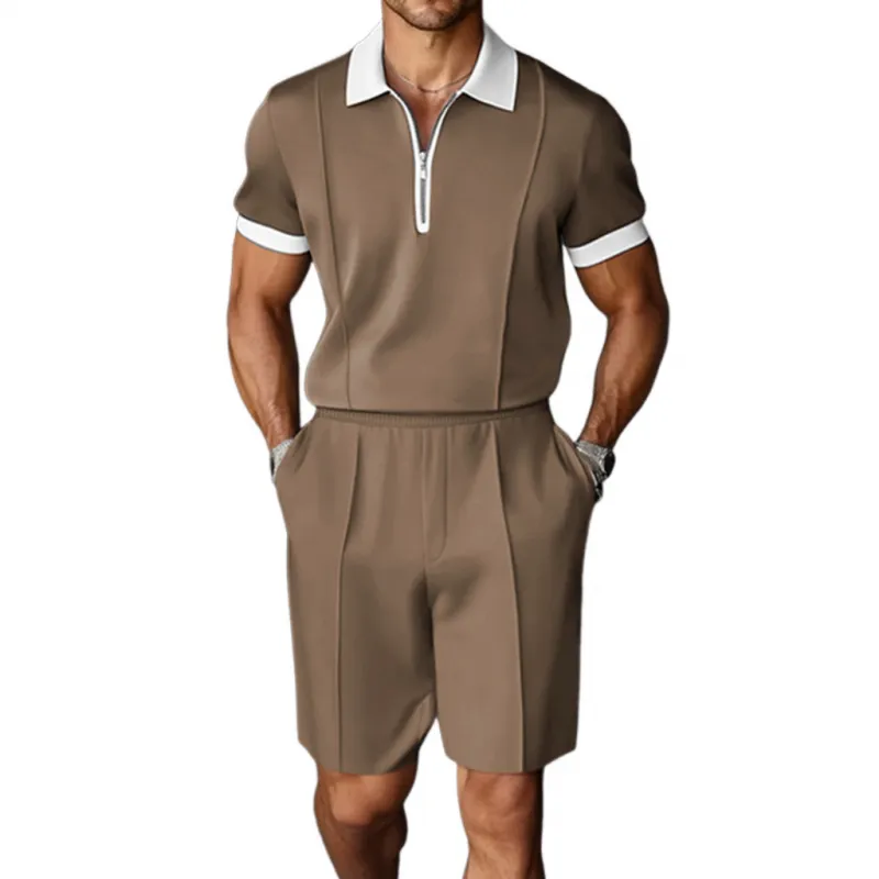 Men's Casual Breathable Cotton Colorblock Zipper Lapel Short Sleeve Polo Shirt Elastic Waist Shorts Set MTA2620E8M sold by Manly