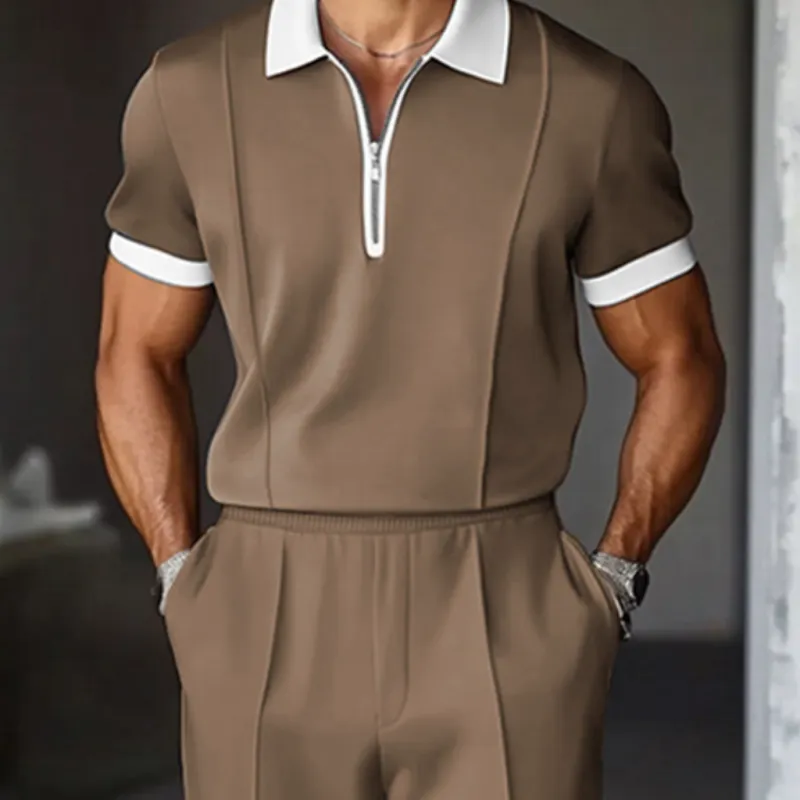 Men's Casual Breathable Cotton Colorblock Zipper Lapel Short Sleeve Polo Shirt Elastic Waist Shorts Set MTA2620E8M sold by Manly product image thumbnail 3