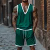 Men's Casual Colorblock Cotton V-Neck Tank Top Elastic Waist Shorts Sports Set MTA2659E1M sold by Manly