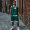 Men's Casual Colorblock Cotton V-Neck Tank Top Elastic Waist Shorts Sports Set MTA2659E1M sold by Manly