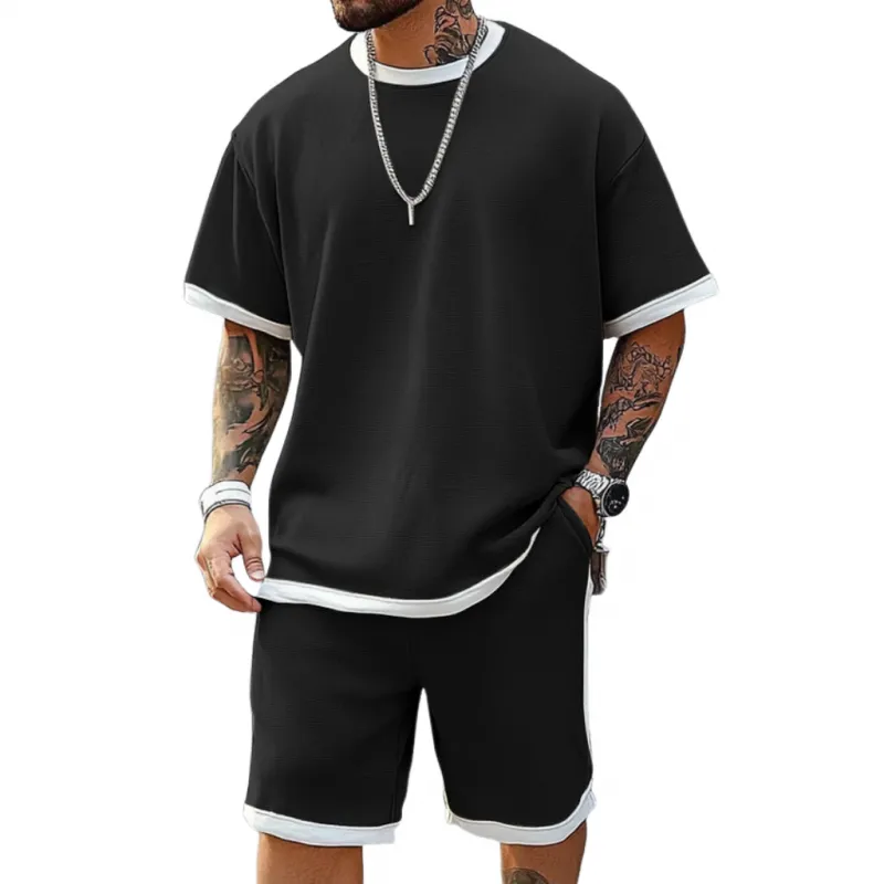 Men's Casual Colorblock Cotton Loose Round Neck Short-sleeved T-shirt Elastic Waist Shorts Sports Set MTA2681E4M sold by Manly