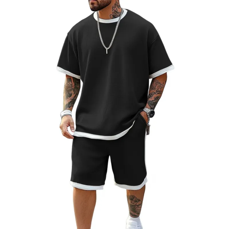Men's Casual Colorblock Cotton Loose Round Neck Short-sleeved T-shirt Elastic Waist Shorts Sports Set MTA2681E4M sold by Manly product image thumbnail 3