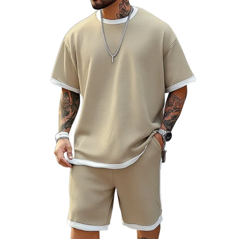 Men's Casual Colorblock Cotton Loose Round Neck Short-sleeved T-shirt Elastic Waist Shorts Sports Set MTA2681E4M sold by Manly product image thumbnail 2