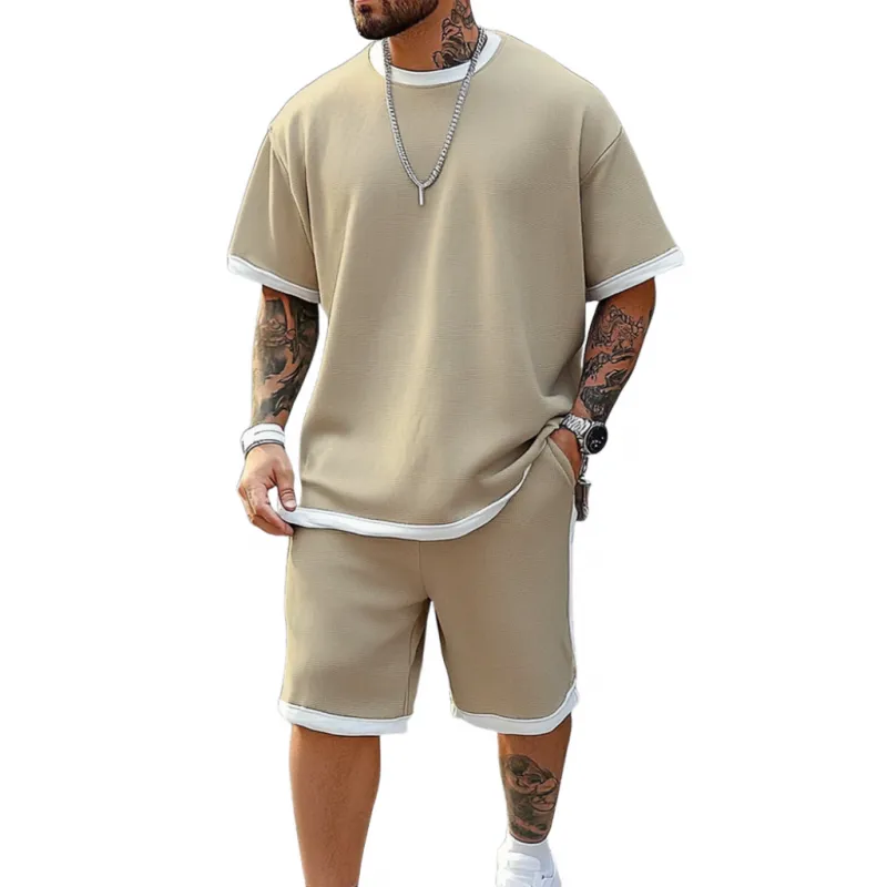 Men's Casual Colorblock Cotton Loose Round Neck Short-sleeved T-shirt Elastic Waist Shorts Sports Set MTA2681E4M sold by Manly product image thumbnail 4