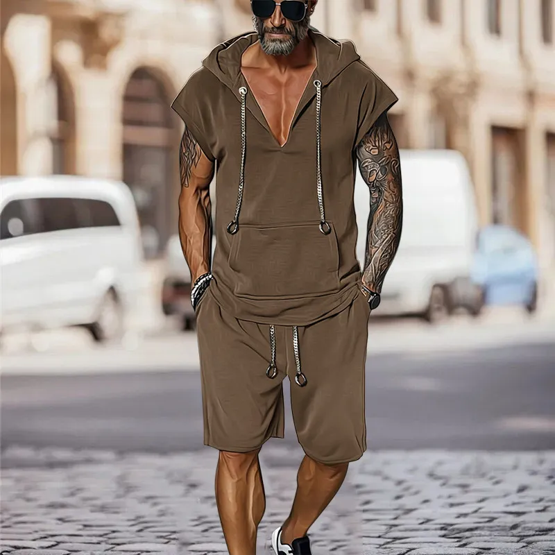 Men's Casual Breathable Cotton Kangaroo Pocket Hooded Loose Tank Top Elastic Waist Shorts Set MTA2601E2M sold by Manly product image thumbnail 4