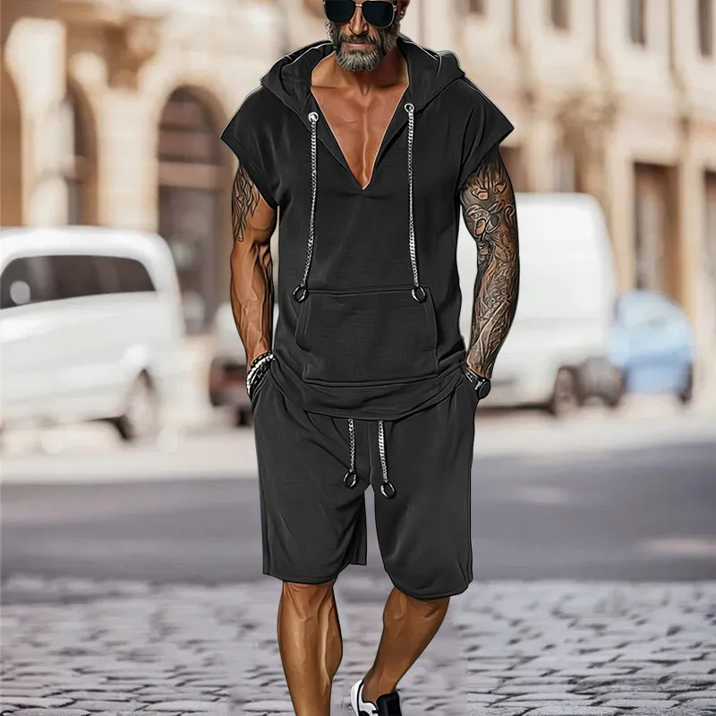 Men's Casual Breathable Cotton Kangaroo Pocket Hooded Loose Tank Top Elastic Waist Shorts Set MTA2601E2M sold by Manly product image thumbnail 3