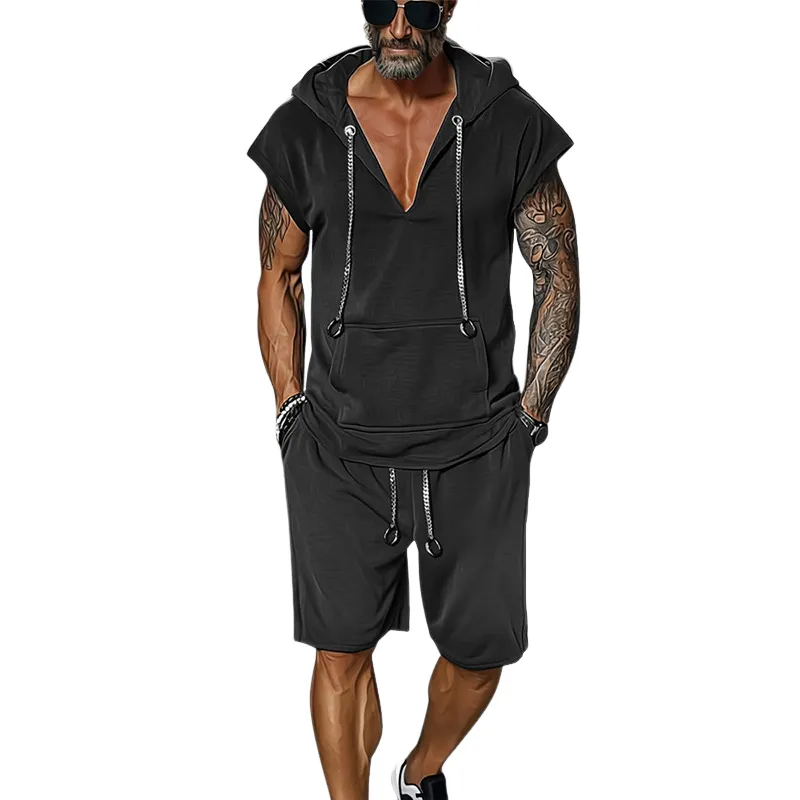 Men's Casual Breathable Cotton Kangaroo Pocket Hooded Loose Tank Top Elastic Waist Shorts Set MTA2601E2M sold by Manly