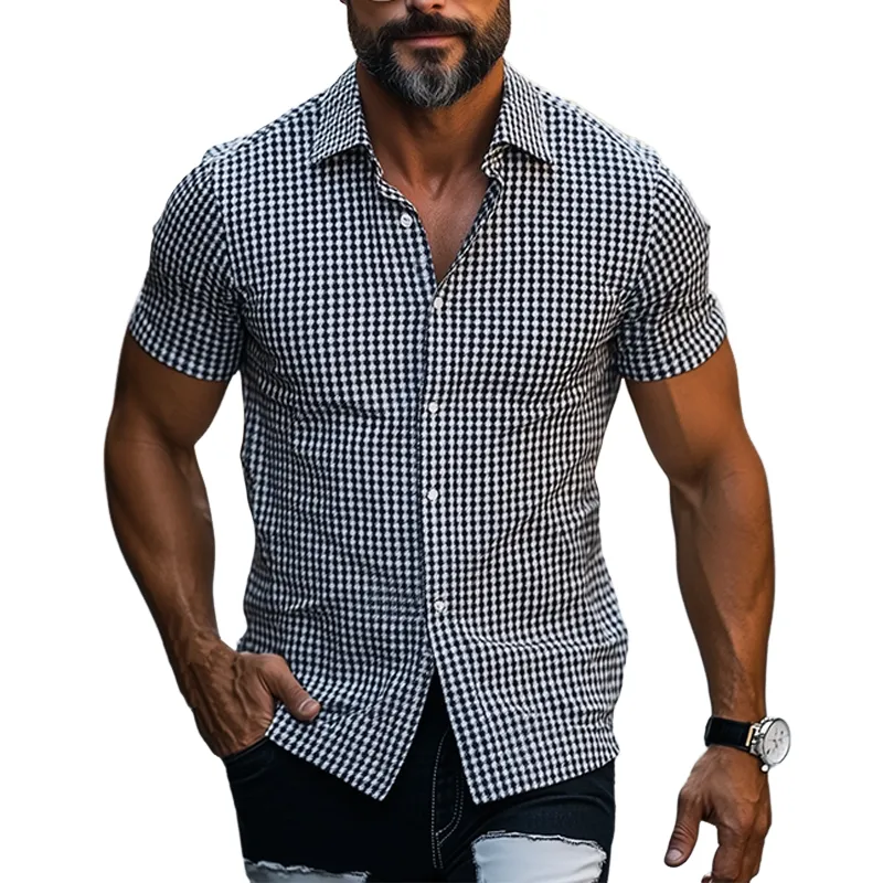 Men's Summer Fashion Casual Daily Commuting Small Plaid Cotton Blended Slim Short-sleeved Shirt MTA1962E1K sold by Manly