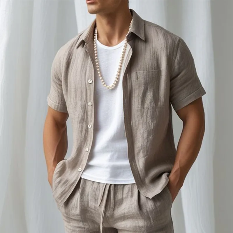 Men's Summer Fashion Casual Daily Cotton And Linen Short-sleeved Shirt Loose Shorts Set MTA2653E3K sold by Manly product image thumbnail 2