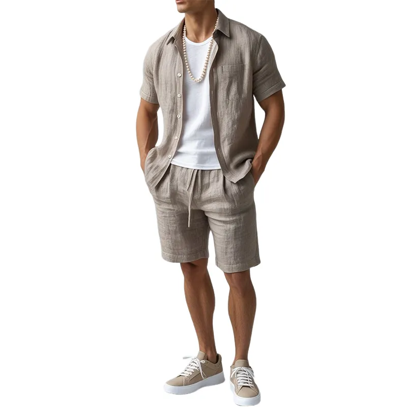 Men's Summer Fashion Casual Daily Cotton And Linen Short-sleeved Shirt Loose Shorts Set MTA2653E3K sold by Manly