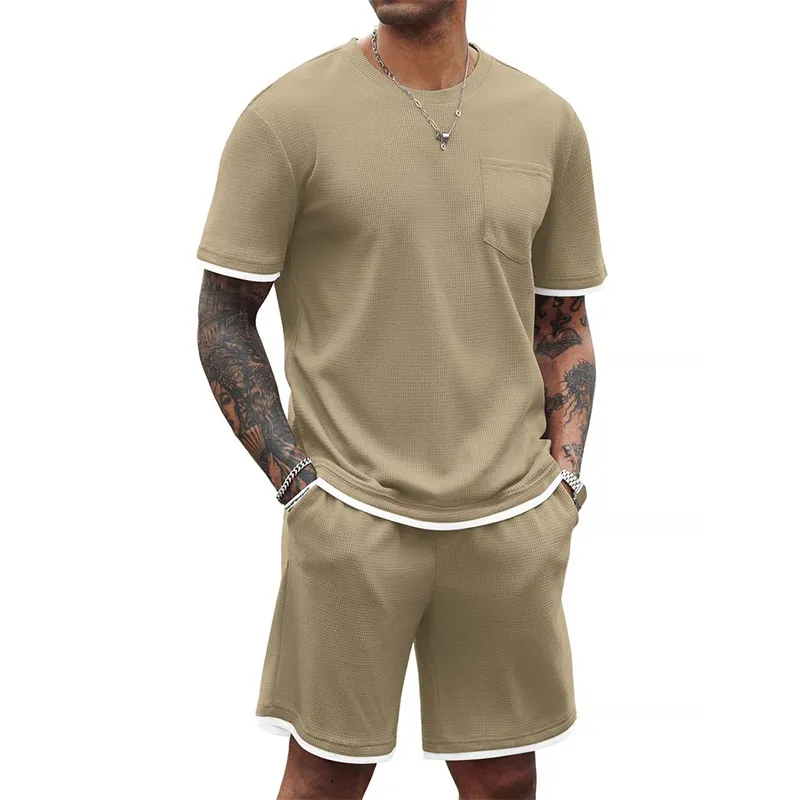 Men's Summer Fashion Casual Waffle Short-sleeved T-shirt Loose Shorts Set MTA2613E8K sold by Manly product image thumbnail 2