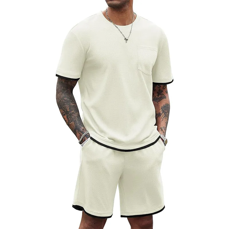 Men's Summer Fashion Casual Waffle Short-sleeved T-shirt Loose Shorts Set MTA2613E8K sold by Manly