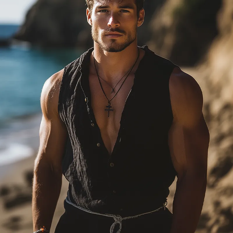 Men's Summer Fashion Leisure Vacation Sexy Deep V Neck Cotton And Linen Jumpsuit (Without Belt) MTA2698E5K sold by Manly product image thumbnail 4