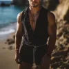 Men's Summer Fashion Leisure Vacation Sexy Deep V Neck Cotton And Linen Jumpsuit (Without Belt) MTA2698E5K sold by Manly