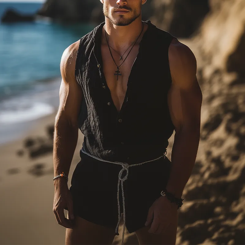 Men's Summer Fashion Leisure Vacation Sexy Deep V Neck Cotton And Linen Jumpsuit (Without Belt) MTA2698E5K sold by Manly product image thumbnail 2