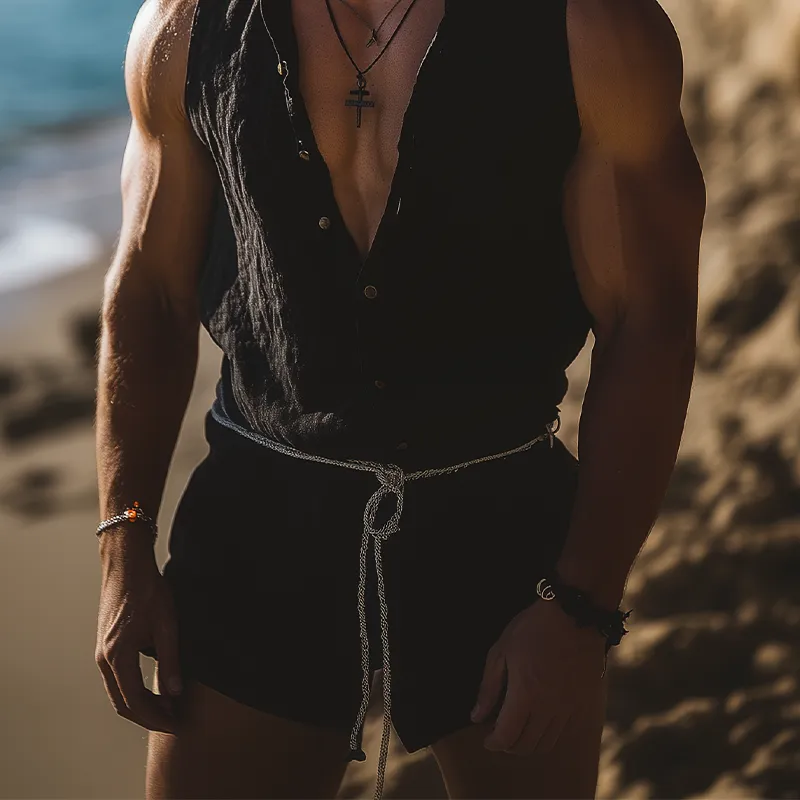 Men's Summer Fashion Leisure Vacation Sexy Deep V Neck Cotton And Linen Jumpsuit (Without Belt) MTA2698E5K sold by Manly product image thumbnail 5