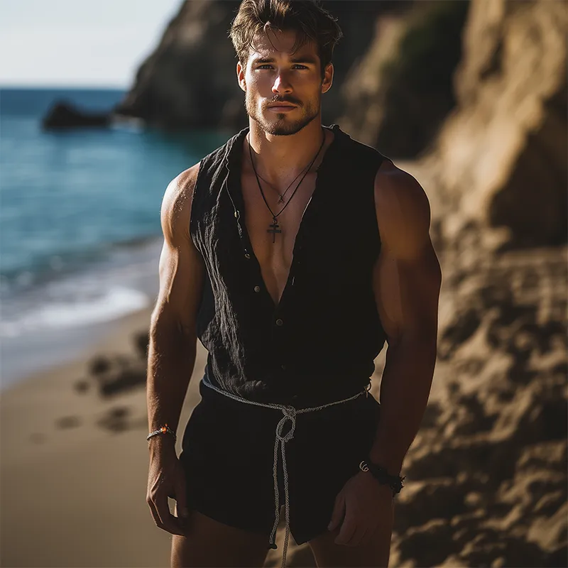 Men's Summer Fashion Leisure Vacation Sexy Deep V Neck Cotton And Linen Jumpsuit (Without Belt) MTA2698E5K sold by Manly product image thumbnail 3