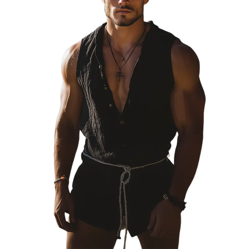 Men's Summer Fashion Leisure Vacation Sexy Deep V Neck Cotton And Linen Jumpsuit (Without Belt) MTA2698E5K sold by Manly