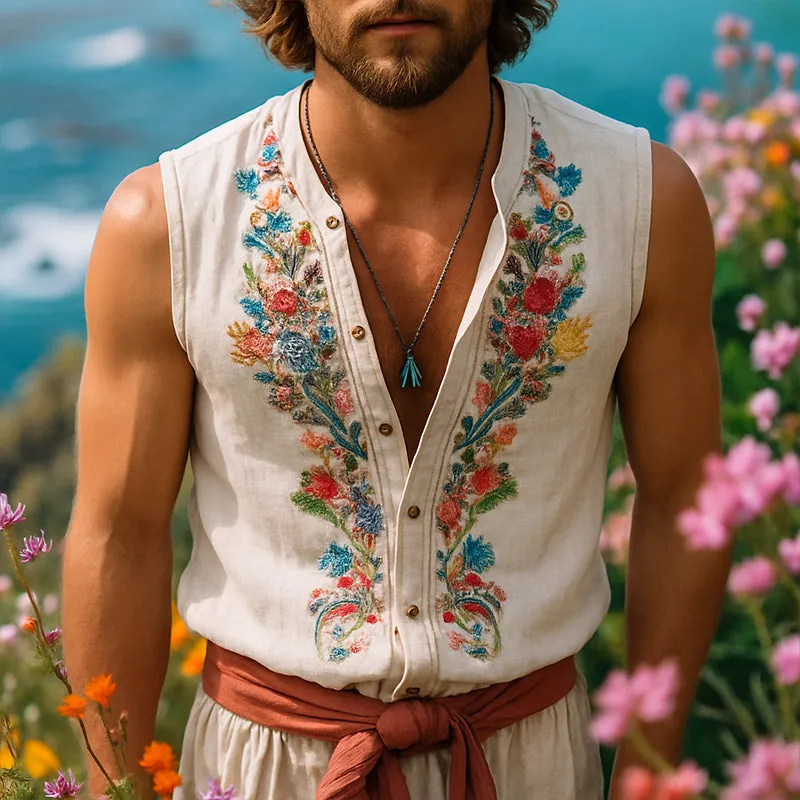 Men's Retro Casual Linen Embroidered Collarless Sleeveless Shirt MTA2348E2TO sold by Manly product image thumbnail 2