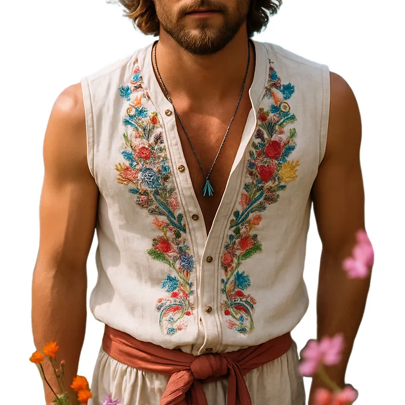 Men's Retro Casual Linen Embroidered Collarless Sleeveless Shirt MTA2348E2TO sold by Manly