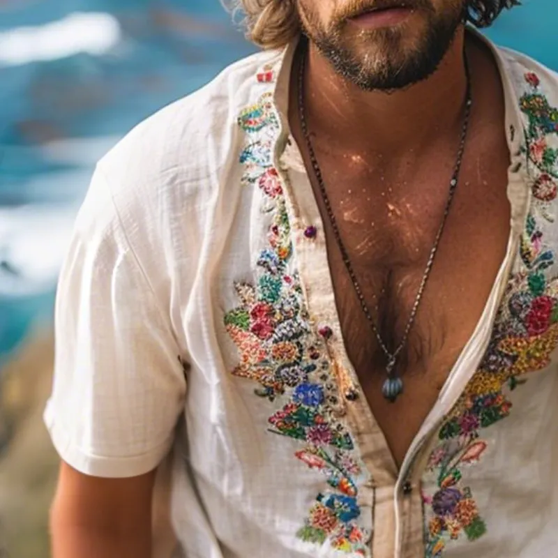 Men's Retro Casual Linen Embroidered Collarless Short Sleeve Shirt MTA2307E6TO sold by Manly product image thumbnail 3