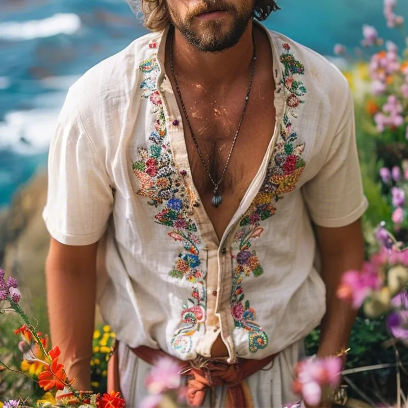 Men's Retro Casual Linen Embroidered Collarless Short Sleeve Shirt MTA2307E6TO sold by Manly product image thumbnail 2