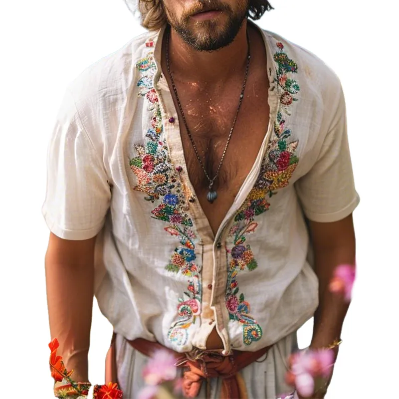 Men's Retro Casual Linen Embroidered Collarless Short Sleeve Shirt MTA2307E6TO sold by Manly