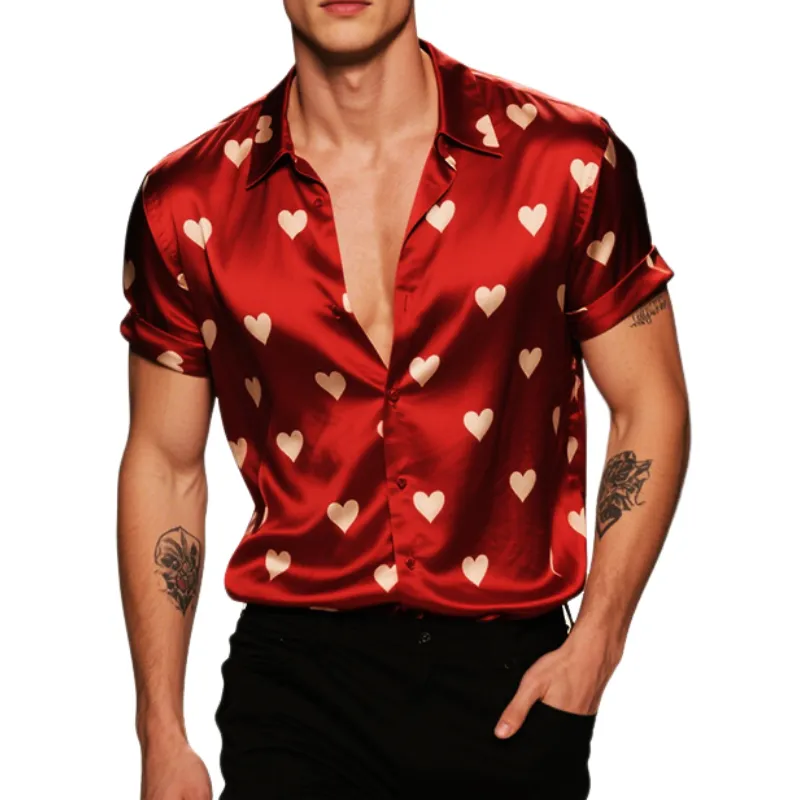Men's Retro Casual Heart Printed Satin Lapel Short Sleeve Shirt MTA2341E2TO sold by Manly