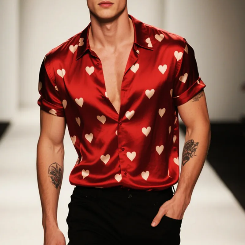 Men's Retro Casual Heart Printed Satin Lapel Short Sleeve Shirt MTA2341E2TO sold by Manly product image thumbnail 2