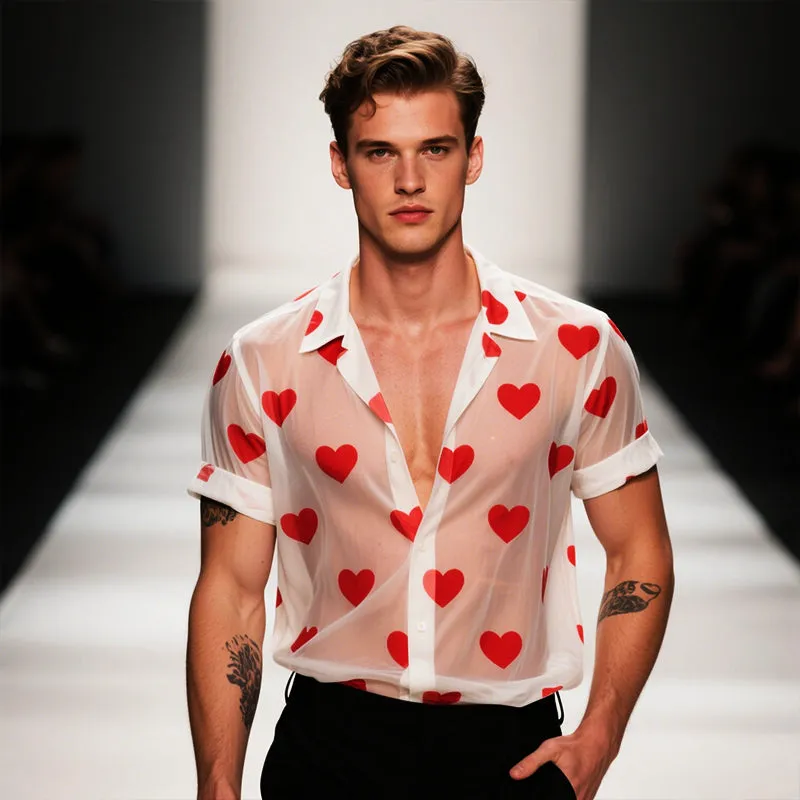Men's Retro Casual Heart Printed Mesh Lapel Short Sleeve Shirt MTA2338E6TO sold by Manly product image thumbnail 3