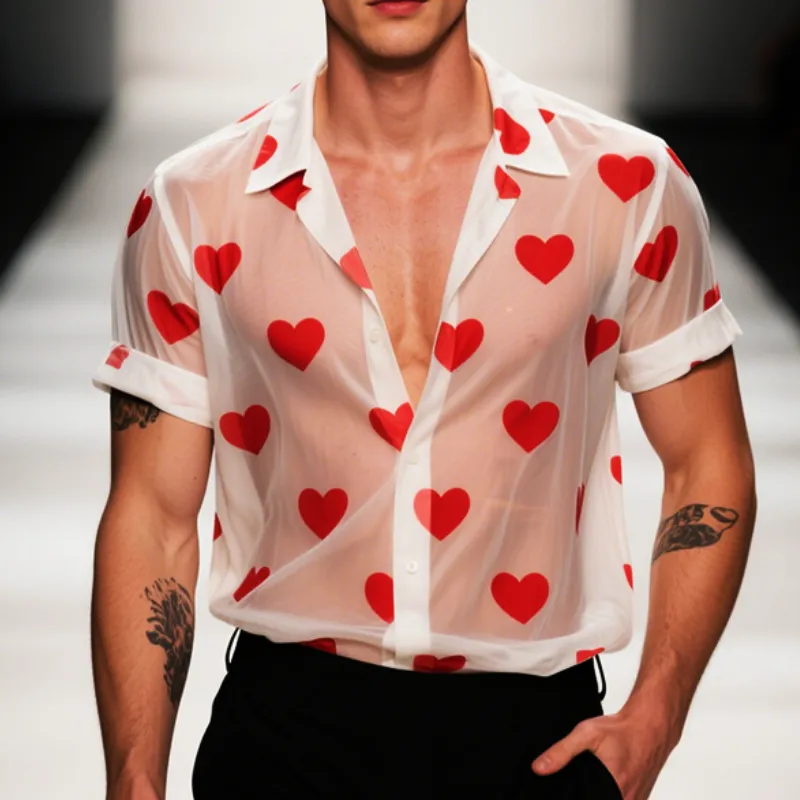Men's Retro Casual Heart Printed Mesh Lapel Short Sleeve Shirt MTA2338E6TO sold by Manly product image thumbnail 2