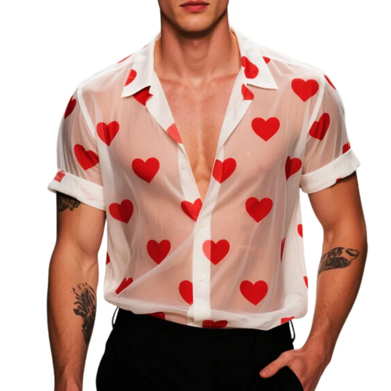 Men's Retro Casual Heart Printed Mesh Lapel Short Sleeve Shirt MTA2338E6TO sold by Manly