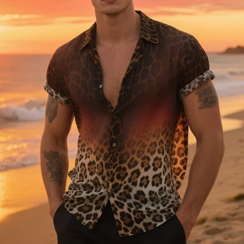 Men's Retro Casual Gradient Leopard Print Lapel Short Sleeve Shirt MTA2382E5TO sold by Manly product image thumbnail 2
