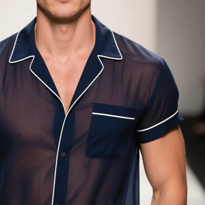 Men's Retro Casual Solid Color Mesh Lapel Short Sleeve Shirt MTA2382E7TO sold by Manly product image thumbnail 3