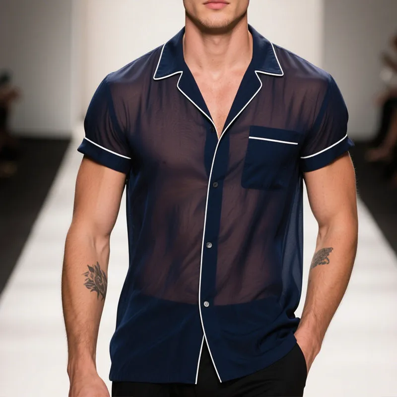 Men's Retro Casual Solid Color Mesh Lapel Short Sleeve Shirt MTA2382E7TO sold by Manly product image thumbnail 2