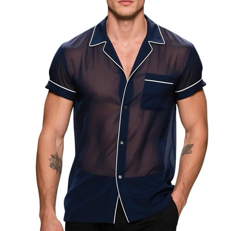 Men's Retro Casual Solid Color Mesh Lapel Short Sleeve Shirt MTA2382E7TO sold by Manly