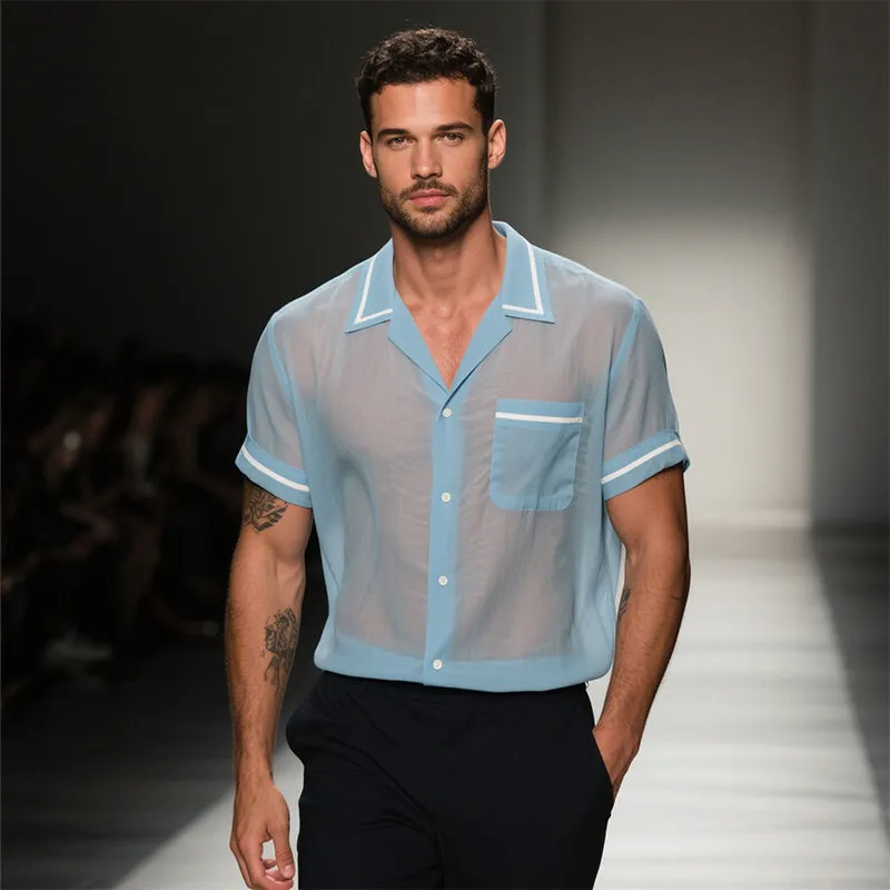 Men's Retro Casual Solid Color Mesh Lapel Short Sleeve Shirt MTA2332E3TO sold by Manly product image thumbnail 3