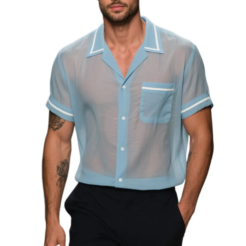 Men's Retro Casual Solid Color Mesh Lapel Short Sleeve Shirt MTA2332E3TO sold by Manly