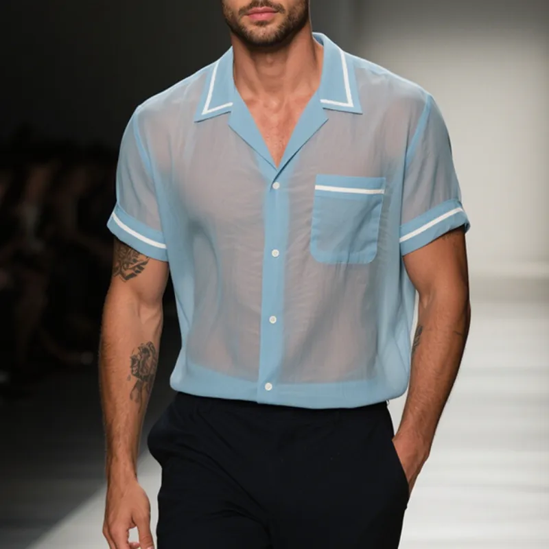 Men's Retro Casual Solid Color Mesh Lapel Short Sleeve Shirt MTA2332E3TO sold by Manly product image thumbnail 2