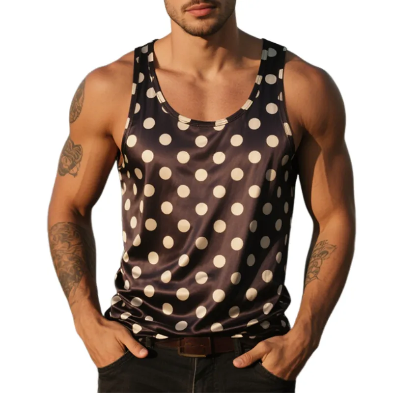 Men's Retro Casual Polka Dot Print Satin Round Neck Tank Top MTA2365E7TO sold by Manly