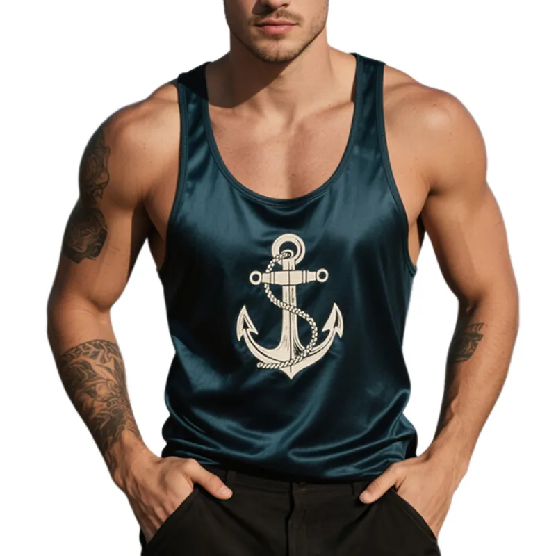 Men's Retro Casual Anchor Print Satin Crew Neck Tank Top MTA2348E1TO sold by Manly