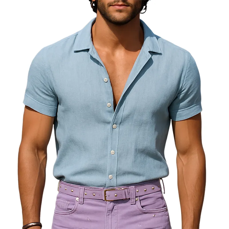 Men's Retro Casual Solid Color Linen Lapel Short Sleeve Shirt MTA2097E1TO sold by Manly