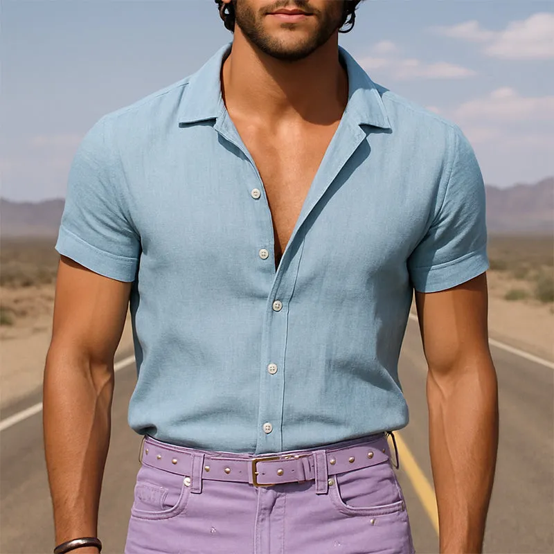 Men's Retro Casual Solid Color Linen Lapel Short Sleeve Shirt MTA2097E1TO sold by Manly product image thumbnail 2