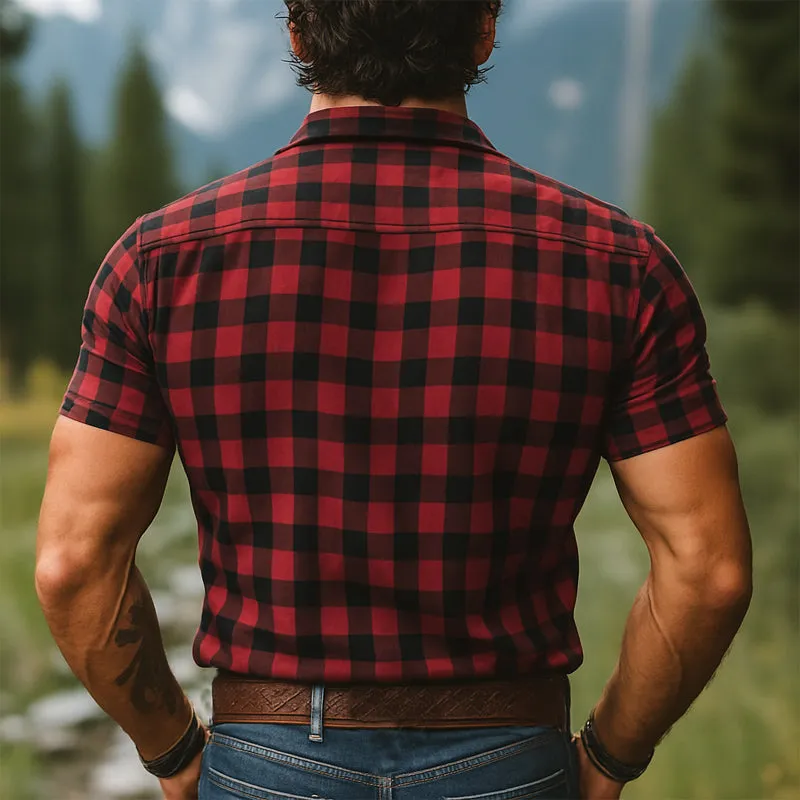 Men's Summer Retro Red And Black Plaid Button Short Sleeve Shirt MTA2678E3U sold by Manly product image thumbnail 3