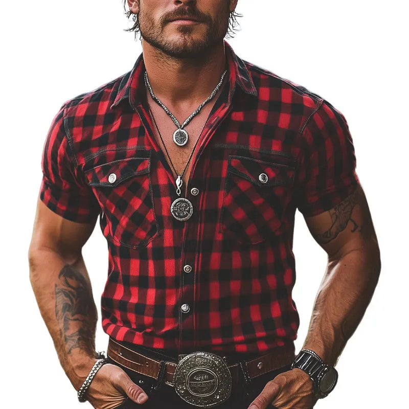 Men's Summer Retro Red And Black Plaid Button Short Sleeve Shirt MTA2678E3U sold by Manly