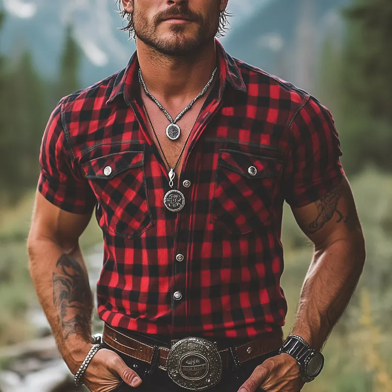 Men's Summer Retro Red And Black Plaid Button Short Sleeve Shirt MTA2678E3U sold by Manly product image thumbnail 2