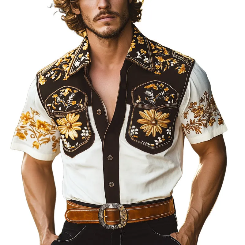 Men's Summer Exquisite Embroidered Colorblock Short Sleeve Shirt MTA2611E5U sold by Manly