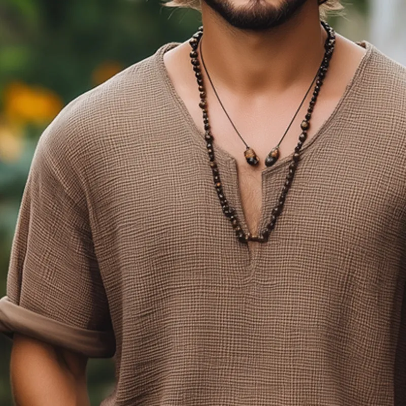 Men's Summer Basic Solid Color Textured V-neck Loose Short-sleeved T-shirt MTA2655E2U sold by Manly product image thumbnail 4