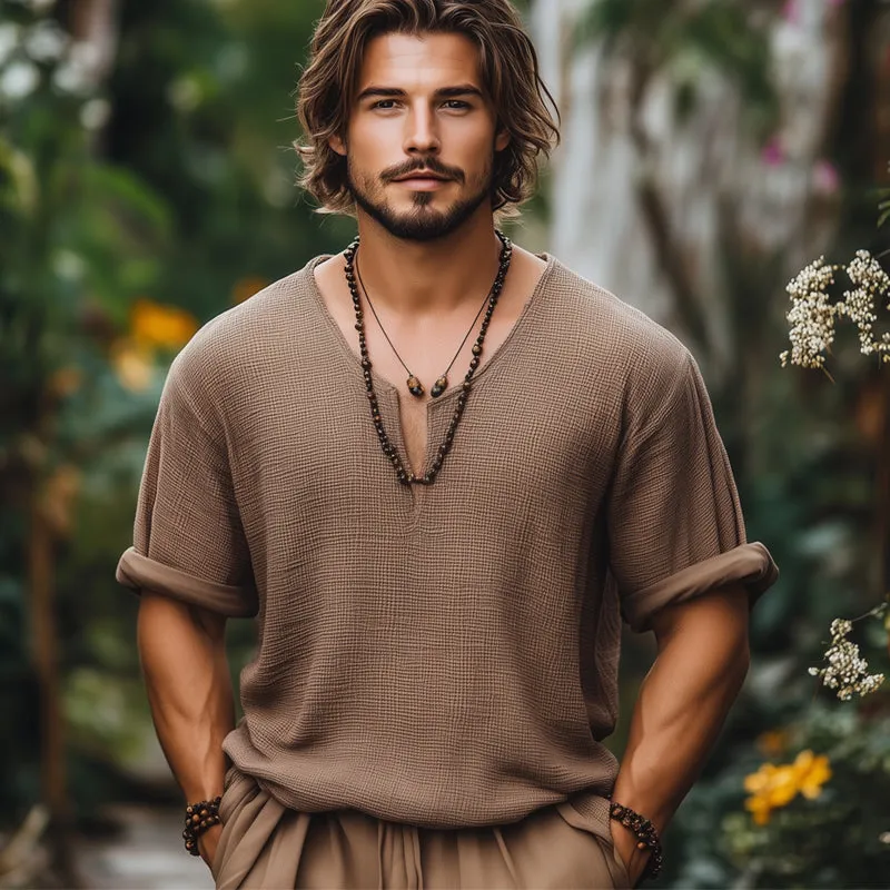 Men's Summer Basic Solid Color Textured V-neck Loose Short-sleeved T-shirt MTA2655E2U sold by Manly product image thumbnail 3